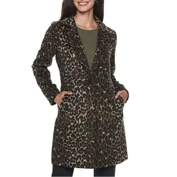 Apt 9 Overcoat Women’s M Brown Black Cheetah Animal Single Button Wool Blend - Picture 2 of 11